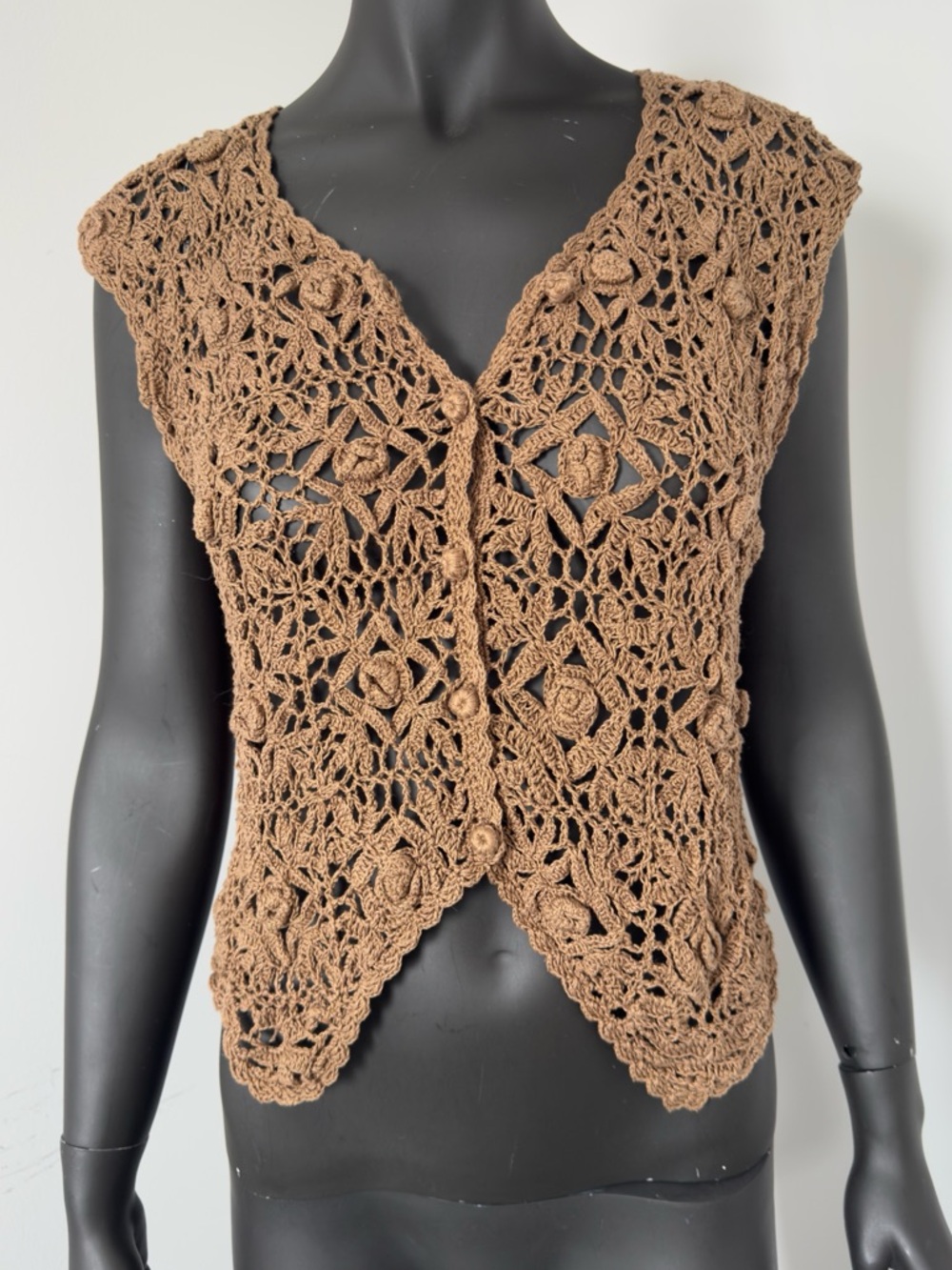 281. Papillon Crochet 100% Cotton Button-Up Vest in Warm Brown